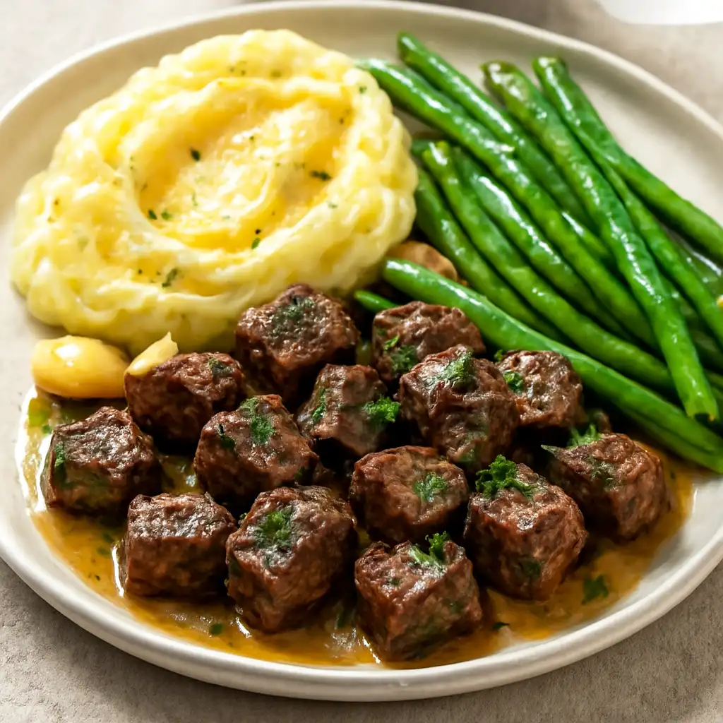 Garlic Butter Steak Bites: The Ultimate Guide to Perfectly Juicy Steak Bites 8 Garlic butter steak bites served with mashed potatoes and green beans
