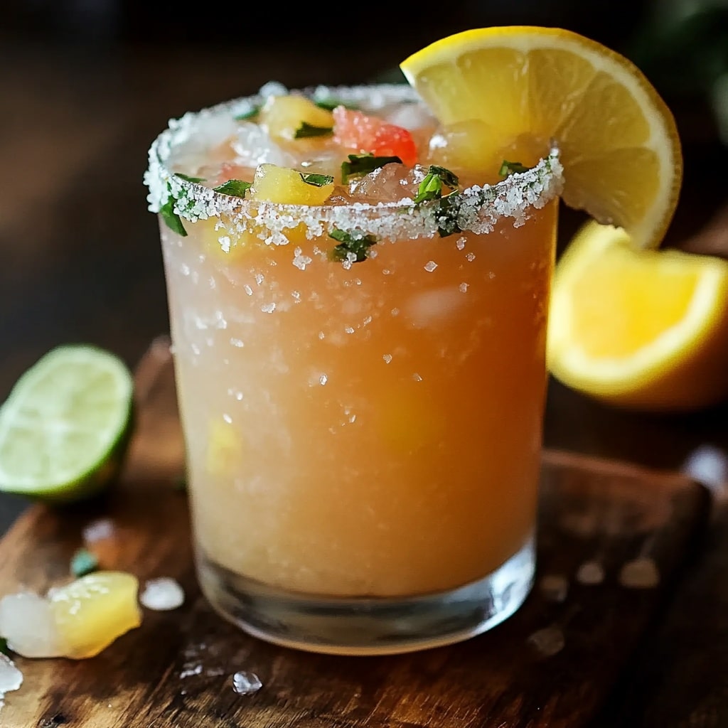 Brazilian Mounjaro Recipe – A Natural Boost with a Tropical Twist 3 Refreshing Brazilian Mounjaro drink with lemon, herbs, and pink salt in a glass on a wooden board.
