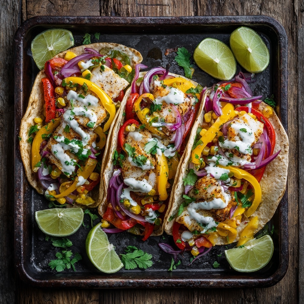 Sheet Pan Fish Tacos: Quick, Flavorful, and Perfect for Busy Nights 5 Sheet pan fish tacos with roasted vegetables and lime crema